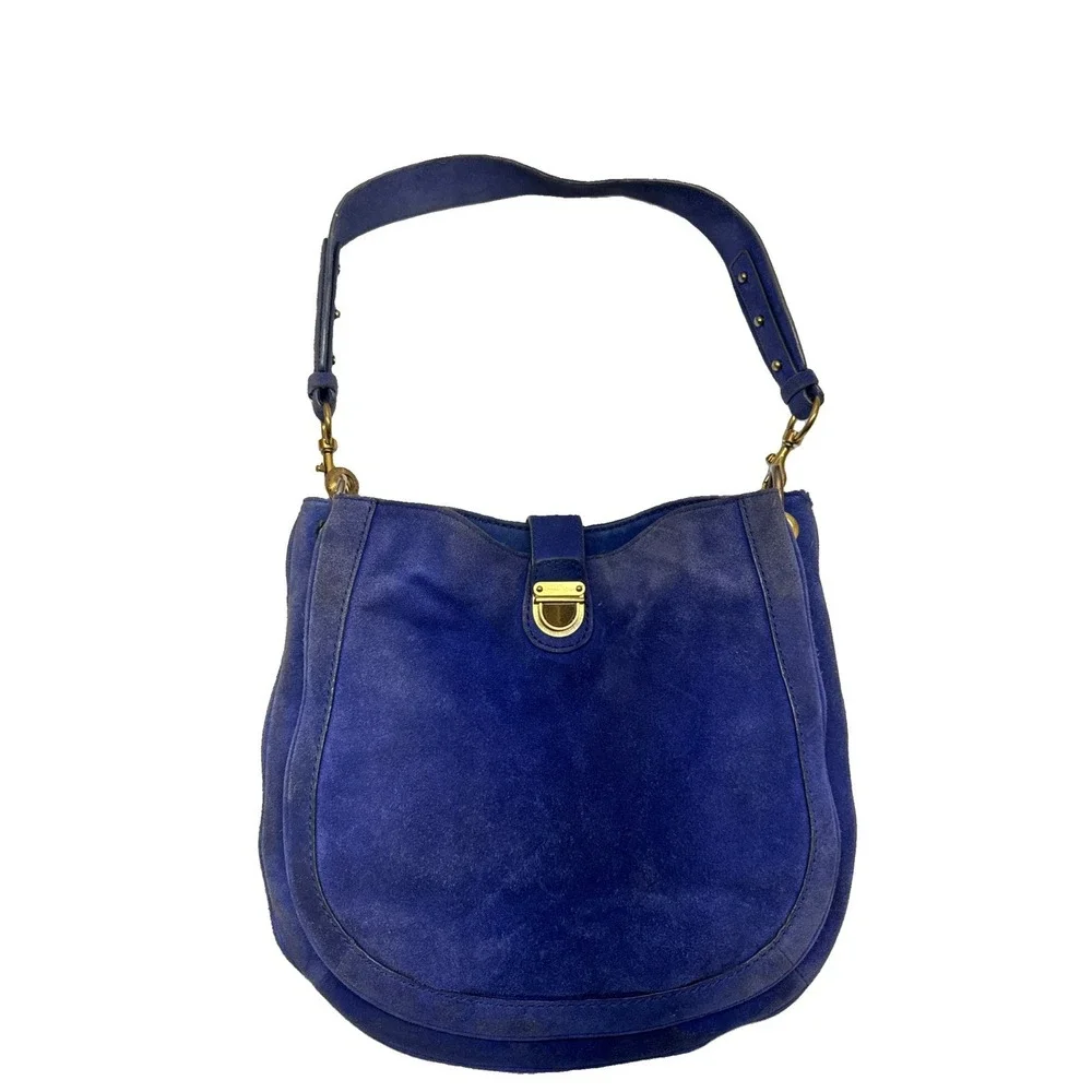 VTG J. Crew Blue Suede Leather Push Lock Triple Compartment Hobo Shoulder Bag
